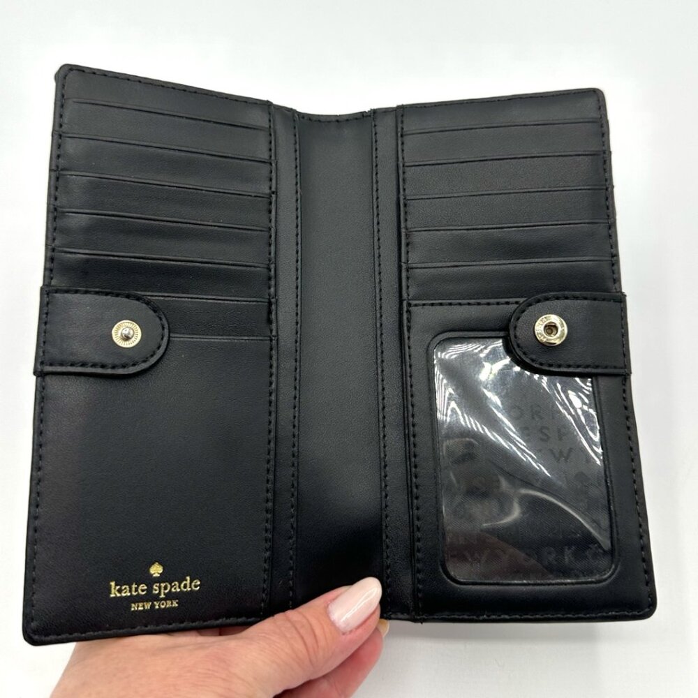 💰SALE💰 Kate Spade Leather Polka Dot Slim Snap Bifold Wallet Black/Light Beige - Picture 9 of 14